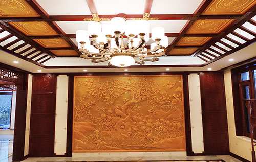 察隅中式别墅客厅中式木作横梁吊顶装饰展示